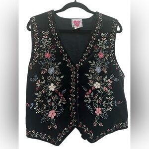 Vintage Velvet Embroidered Floral Vest Cottagecore Boho Folk Tie Back M Whimsy